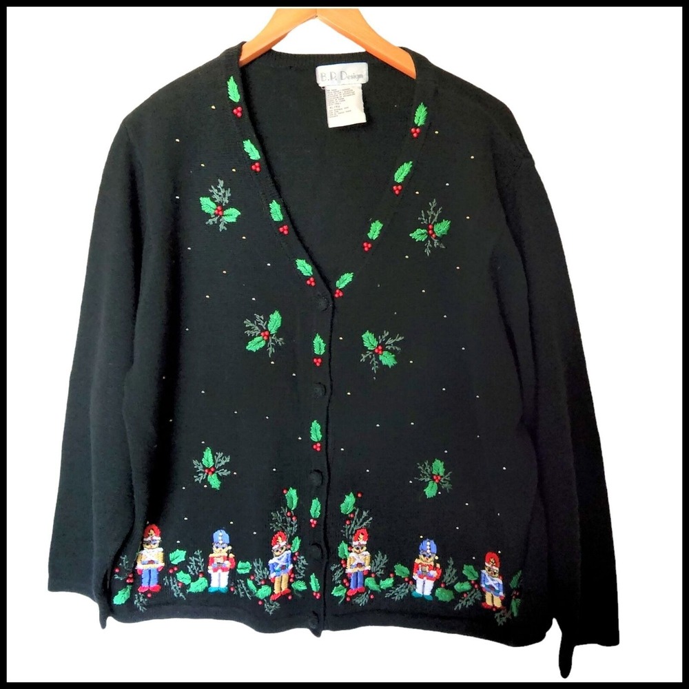B.P. Design Vintage Christmas Embroidered Beaded Cardigan Black Sweater XL